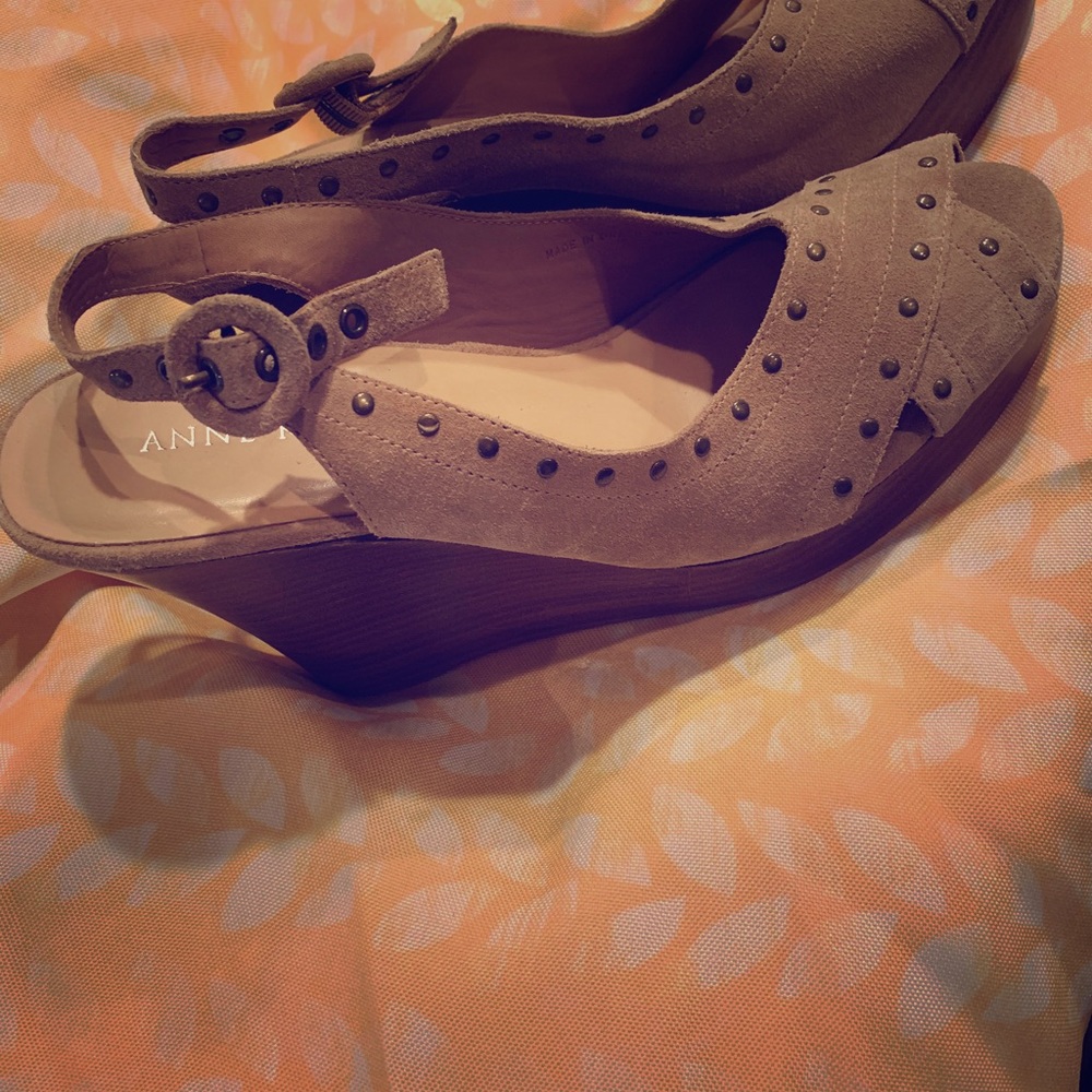 Anne Klein leather wood wedge heels sz 10